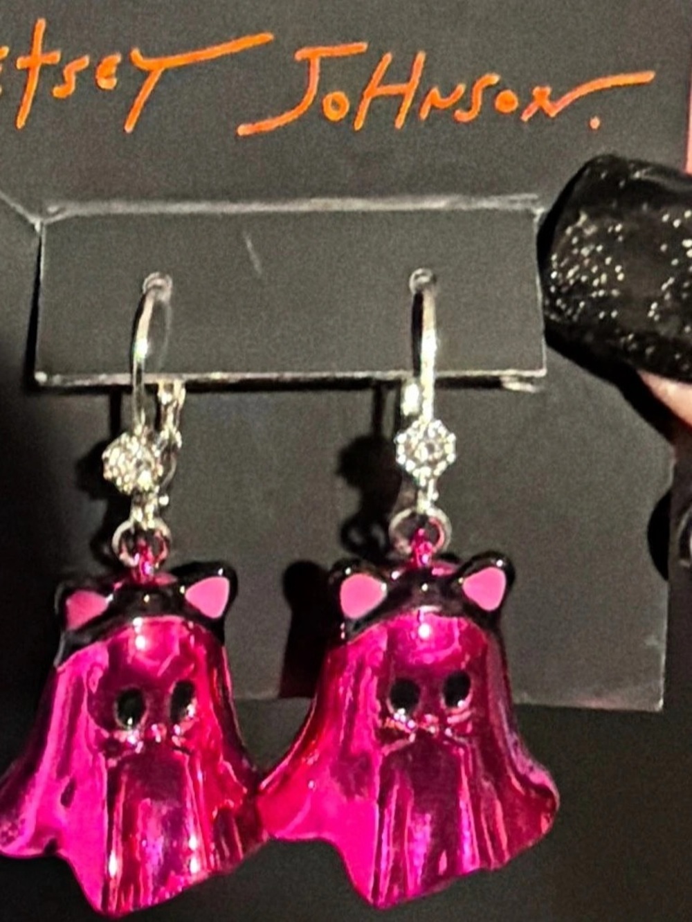 Betsey Johnson Hot Pink Metallic Ghost Cat Drop Earrings Pink Ghost Drop